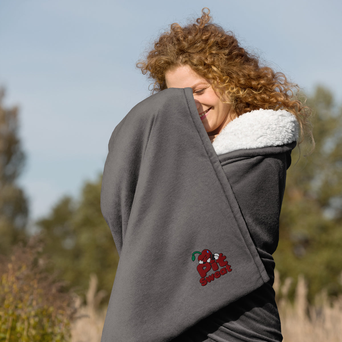 Approved Printful digital proof — Heather Grey BP40 throw, palette-normalized sleeping Pit on rounded logo; view 3; gt-984781404.