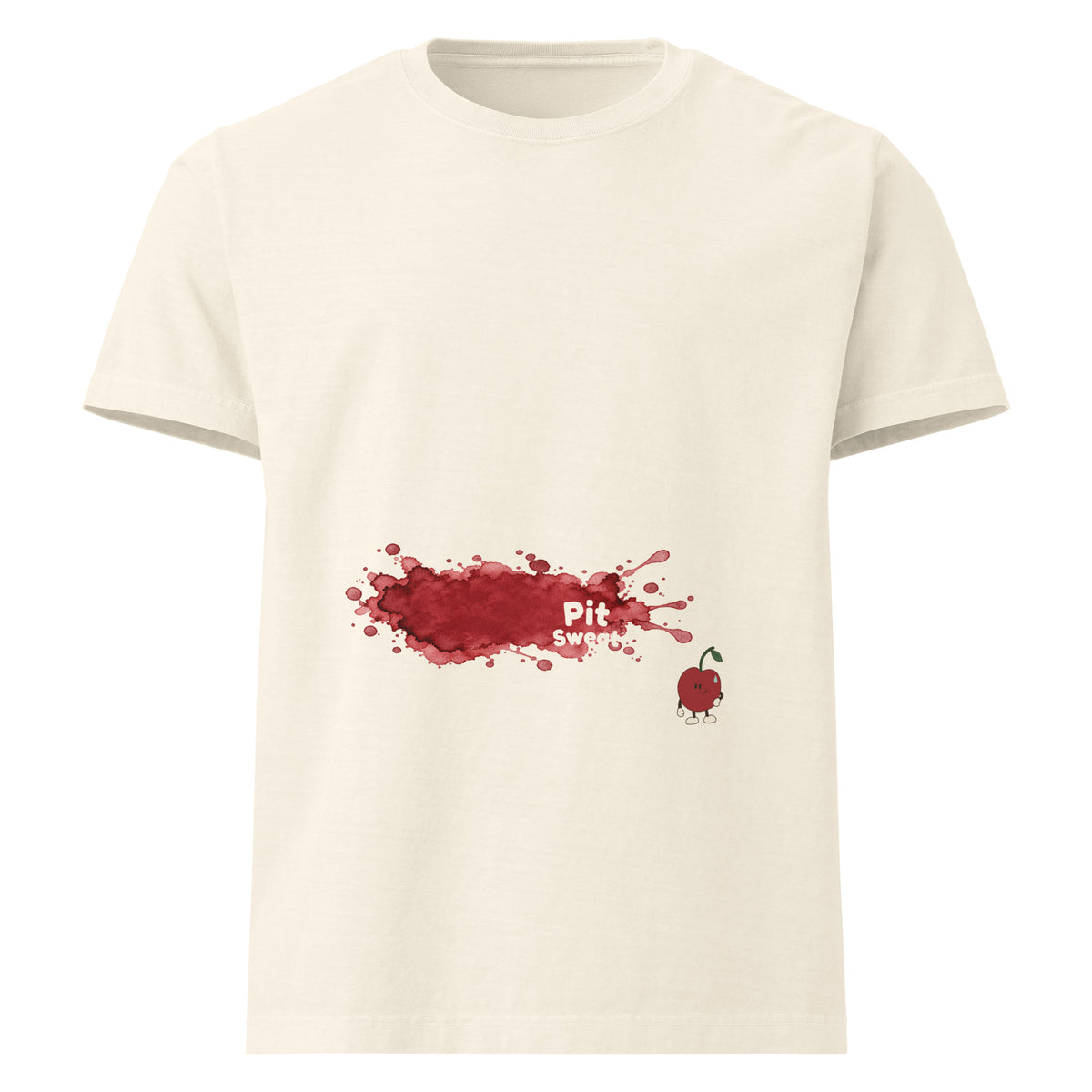 Approved Printful digital proof — Bella+Canvas 4810GD Vintage White, wide cherry juice spill with negative-space Pit Sweat wordmark and standing Pit; no chest logo.