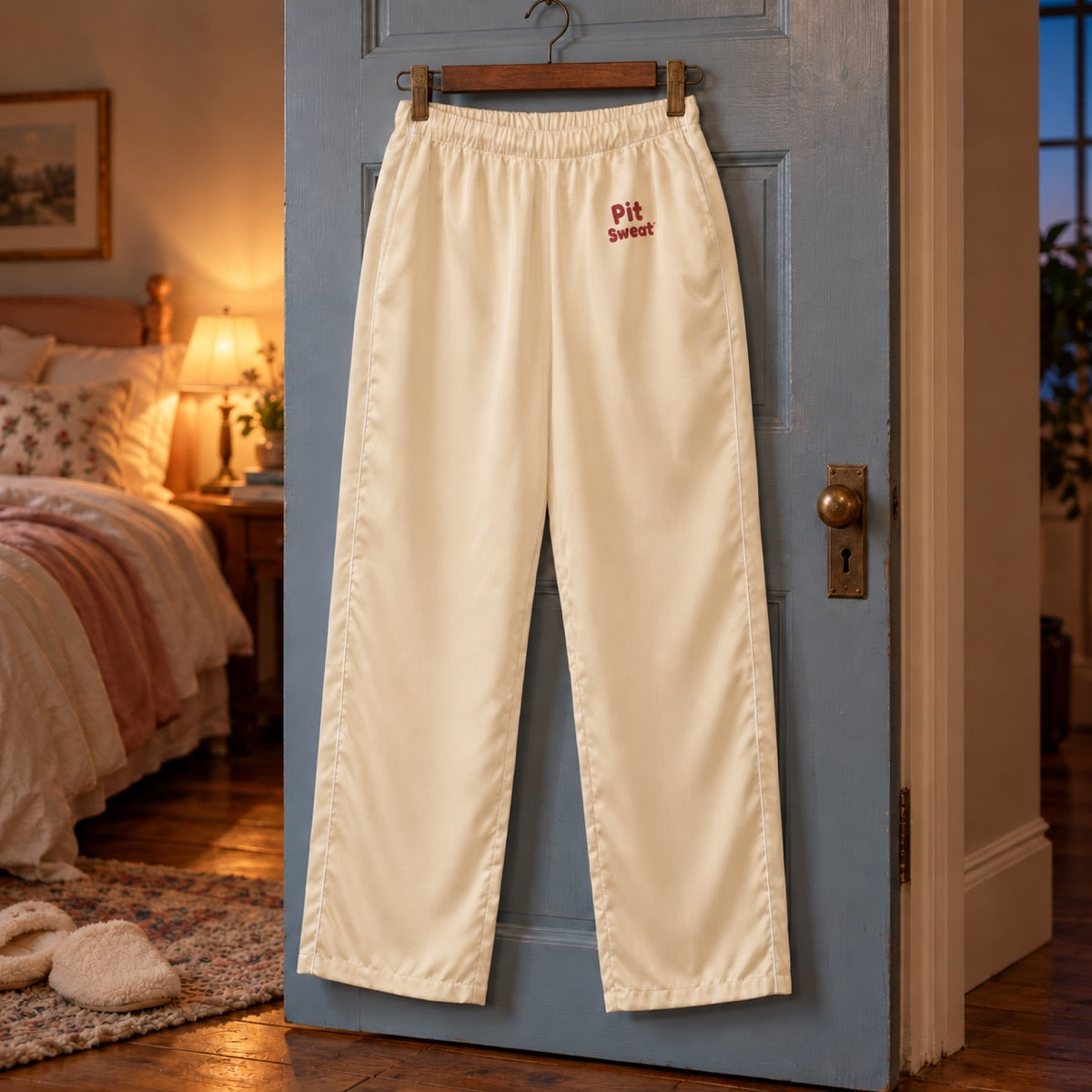 Cream pajama pants with a small hip wordmark on a clip hanger against a blue bedroom door