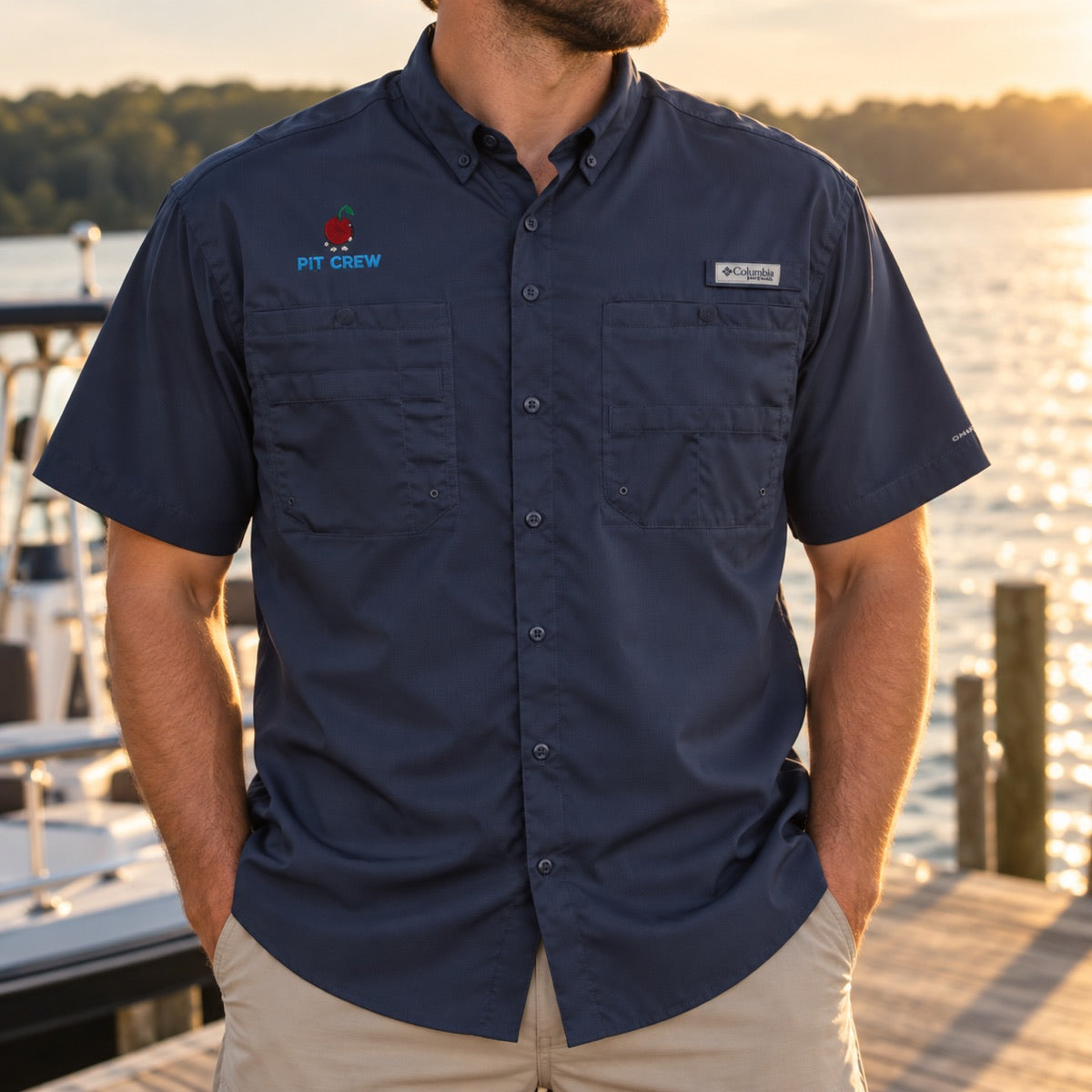 Navy Pit Crew Columbia field shirt worn at a quiet lakeside dock