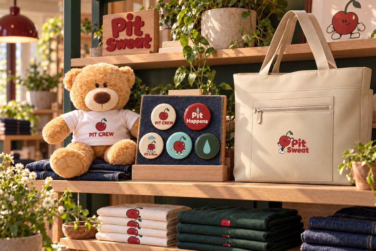Pit Crew teddy, colored buttons on denim, and the Sahara matte carryall together in a warm shop display