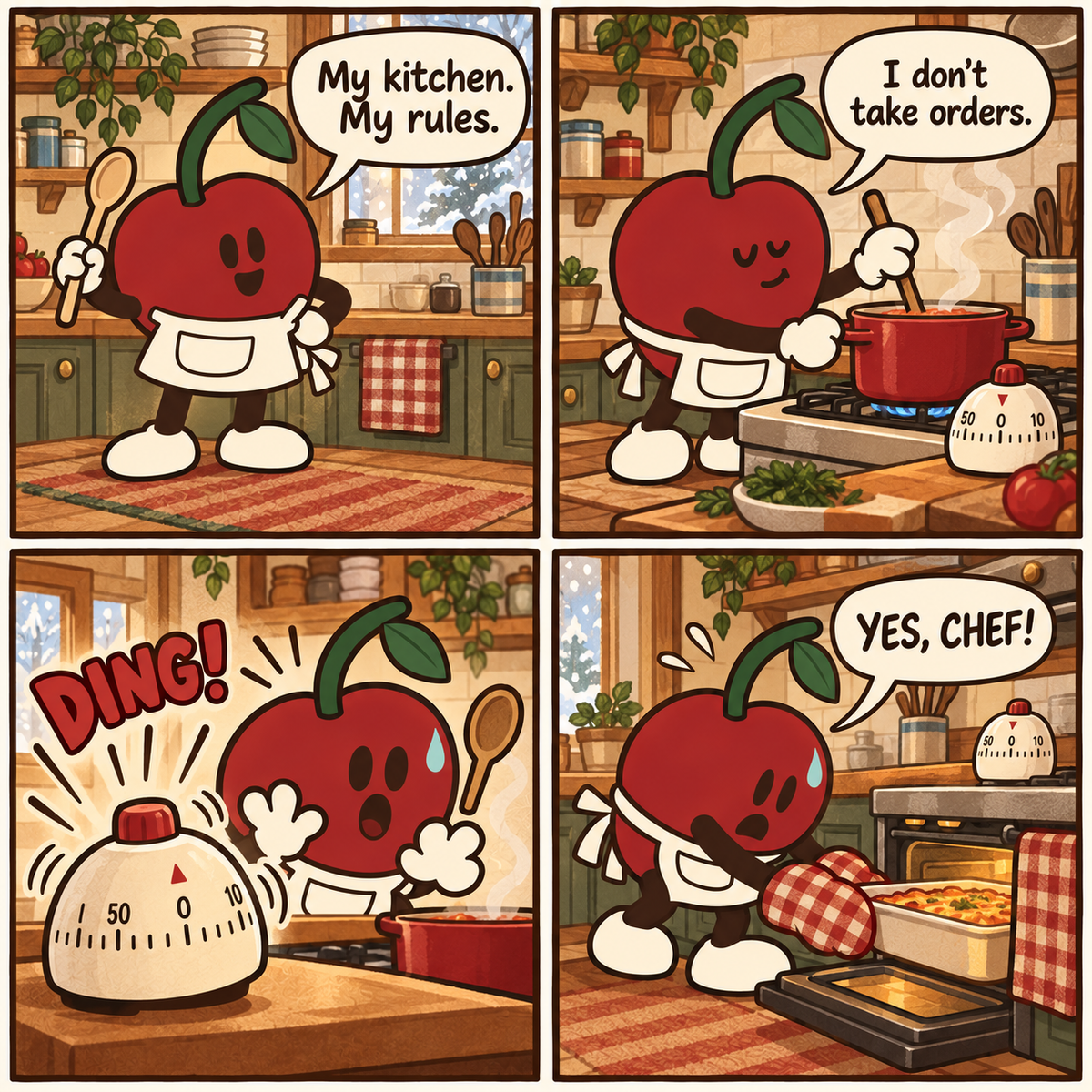 Pit stands proudly in his apron, holding a wooden spoon. He says, “My kitchen. My rules.”