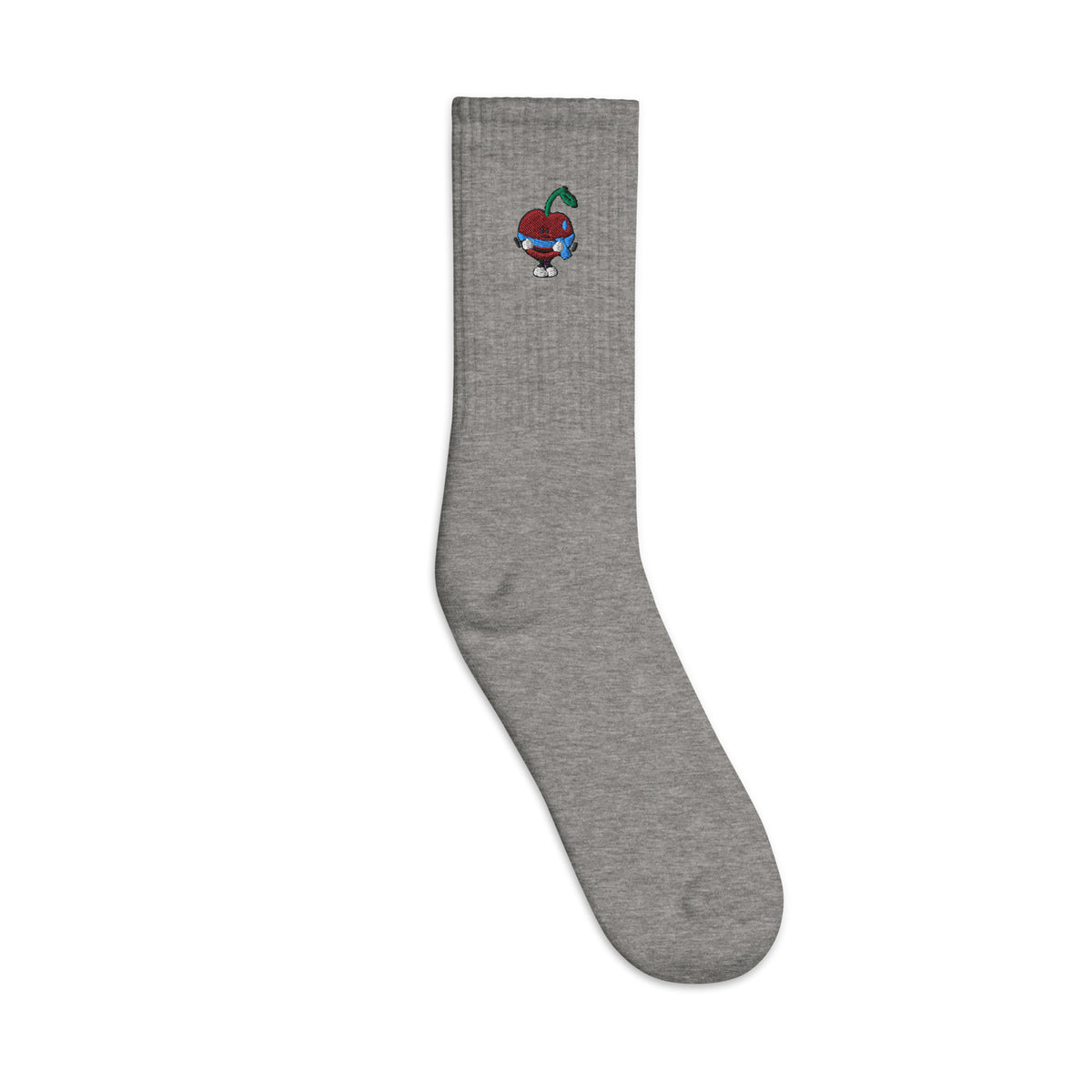 Approved Printful proof — SOCCO Heather Grey — Pit’s Nippy embroidered on both outer ankles — outside view — 985248882