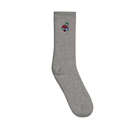 Approved Printful proof — SOCCO Heather Grey — Pit’s Nippy embroidered on both outer ankles — outside view — 985248882