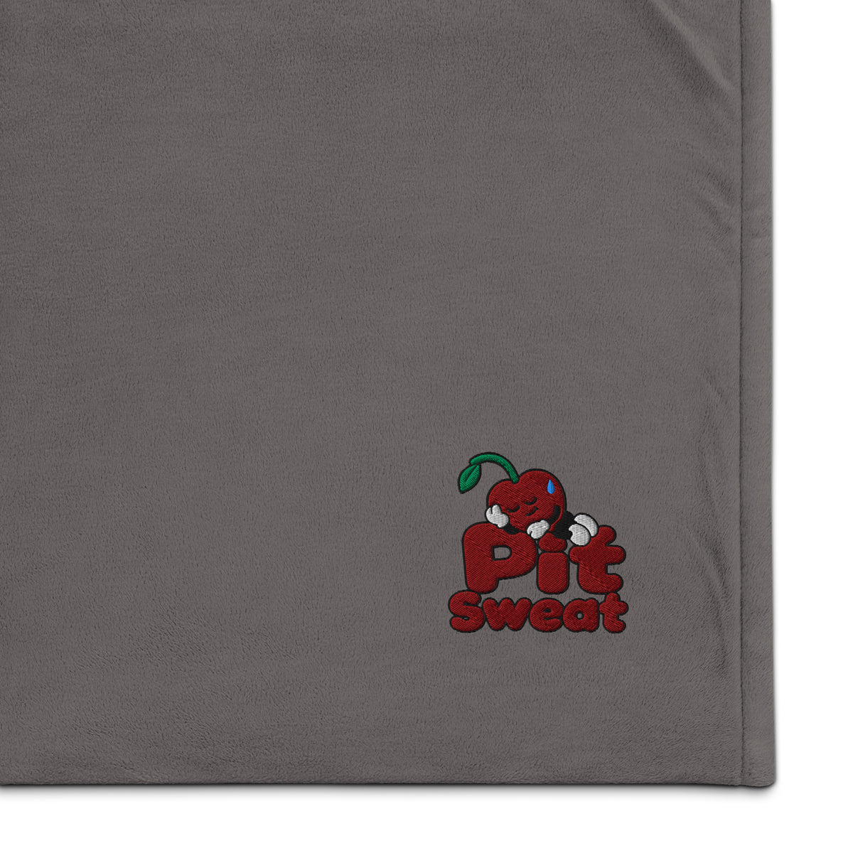 Approved Printful digital proof — Heather Grey BP40 throw, palette-normalized sleeping Pit on rounded logo; view 1; gt-984781404.