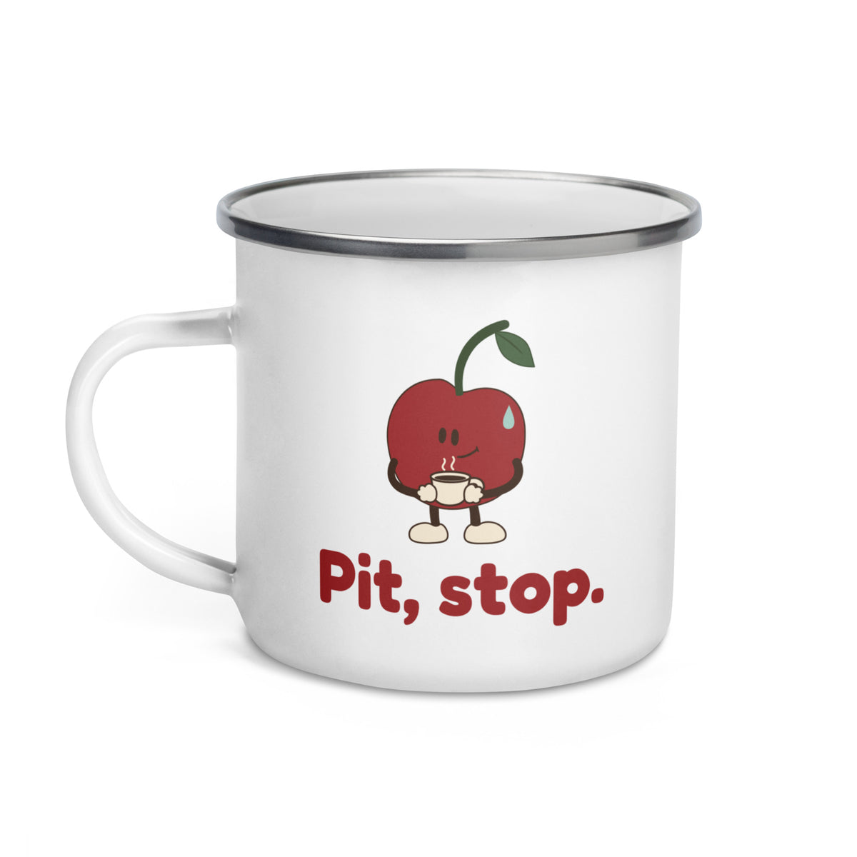Coffee Pit holding a cup above “Pit, stop.” on a white enamel mug with silver rim — Printful digital mockup.