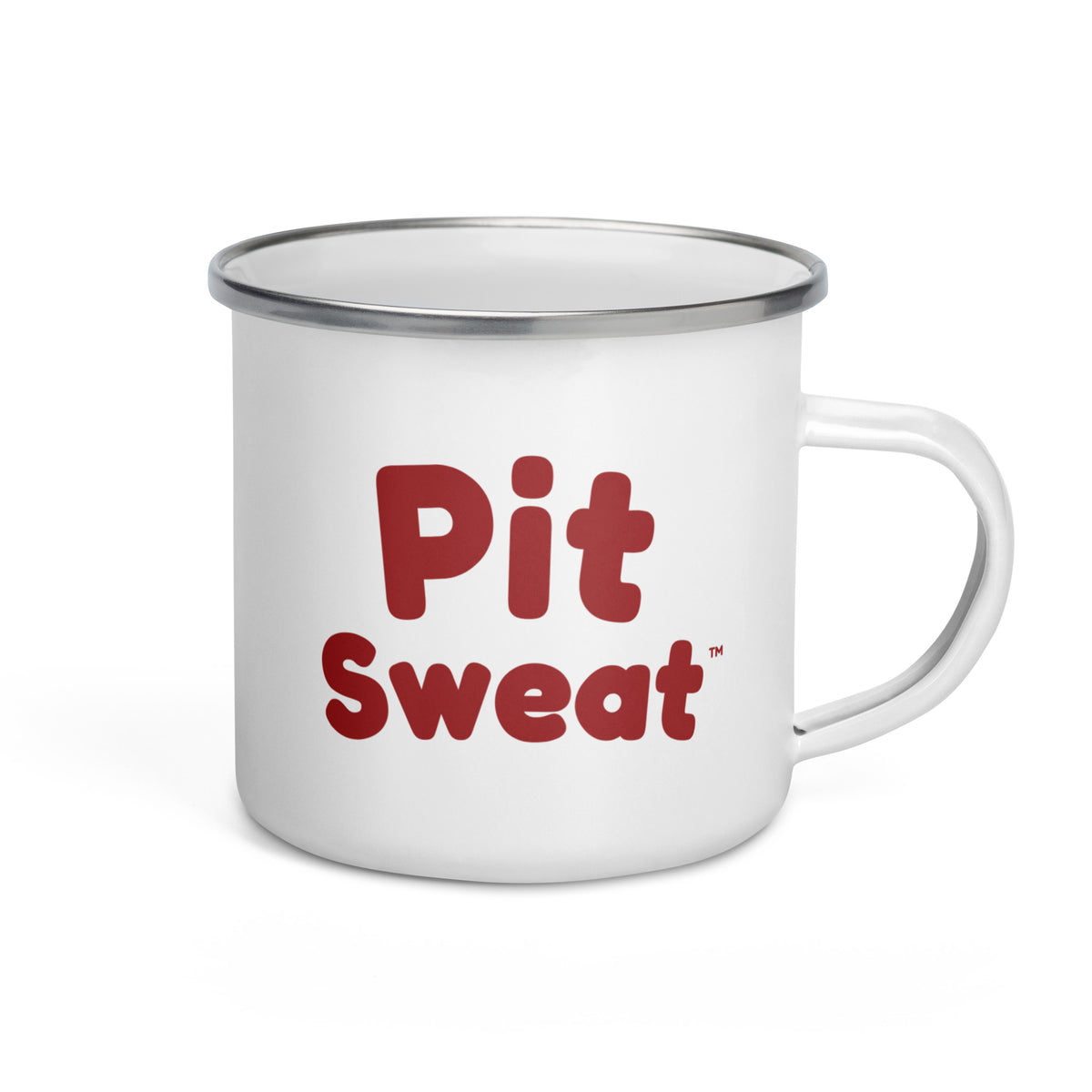 Official rounded Pit Sweat logo with offset trademark mark on the reverse of the enamel mug — Printful digital mockup.
