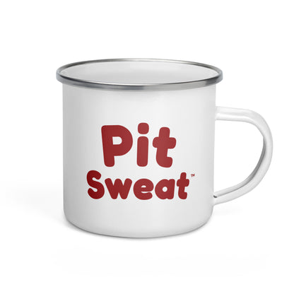 Official rounded Pit Sweat logo with offset trademark mark on the reverse of the enamel mug — Printful digital mockup.