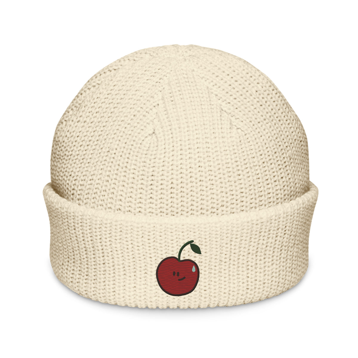 Approved Printful digital proof — AS Colour 1120 Ecru, compact Pit in unlimited-color front cuff embroidery; flat view.