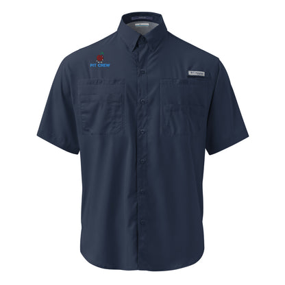 Approved Printful proof — Columbia PFG Tamiami Collegiate Navy — Pit above PIT CREW, top-right-chest embroidery — Ghost — 985229772