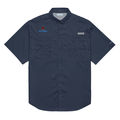 Approved Printful proof — Columbia PFG Tamiami Collegiate Navy — Pit above PIT CREW, top-right-chest embroidery — Front — 985229772