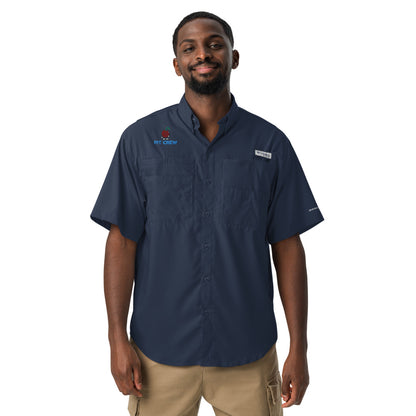 Approved Printful proof — Columbia PFG Tamiami Collegiate Navy — Pit above PIT CREW, top-right-chest embroidery — Model — 985229772