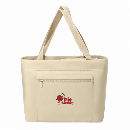 Pit Sweat Sahara matte carryall with leaning Pit and rounded wordmark on the front pocket