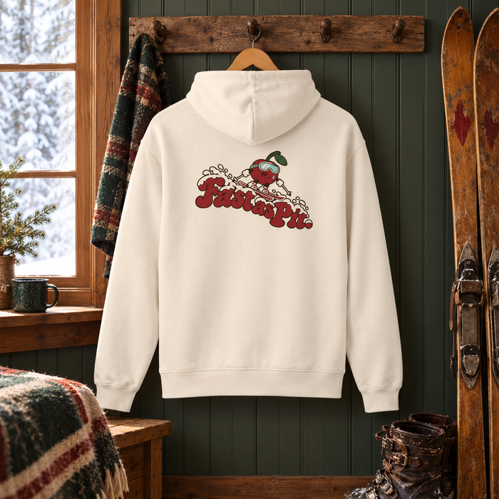 Fast as Pit adult hoodie — Bone — back view in a warm ski cabin