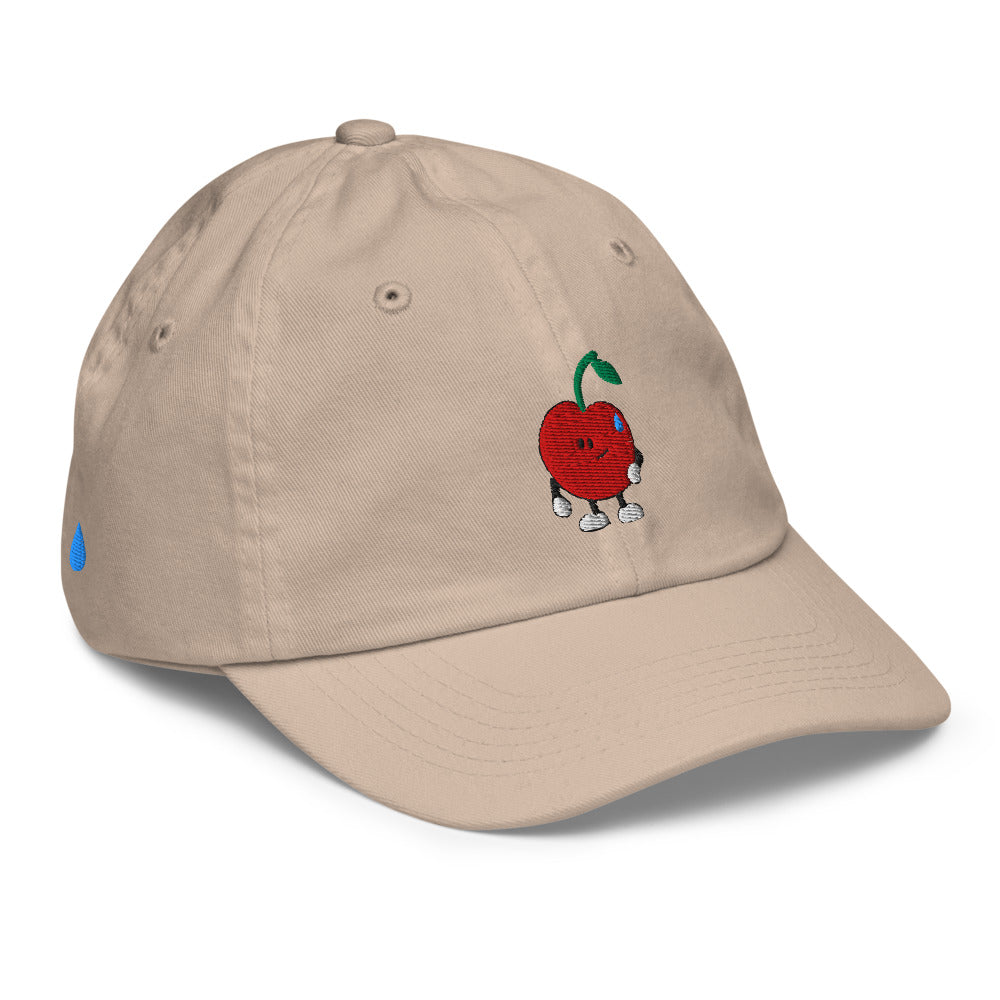 Little Pit Youth Cap — Khaki, actual Printful front and right-side proof