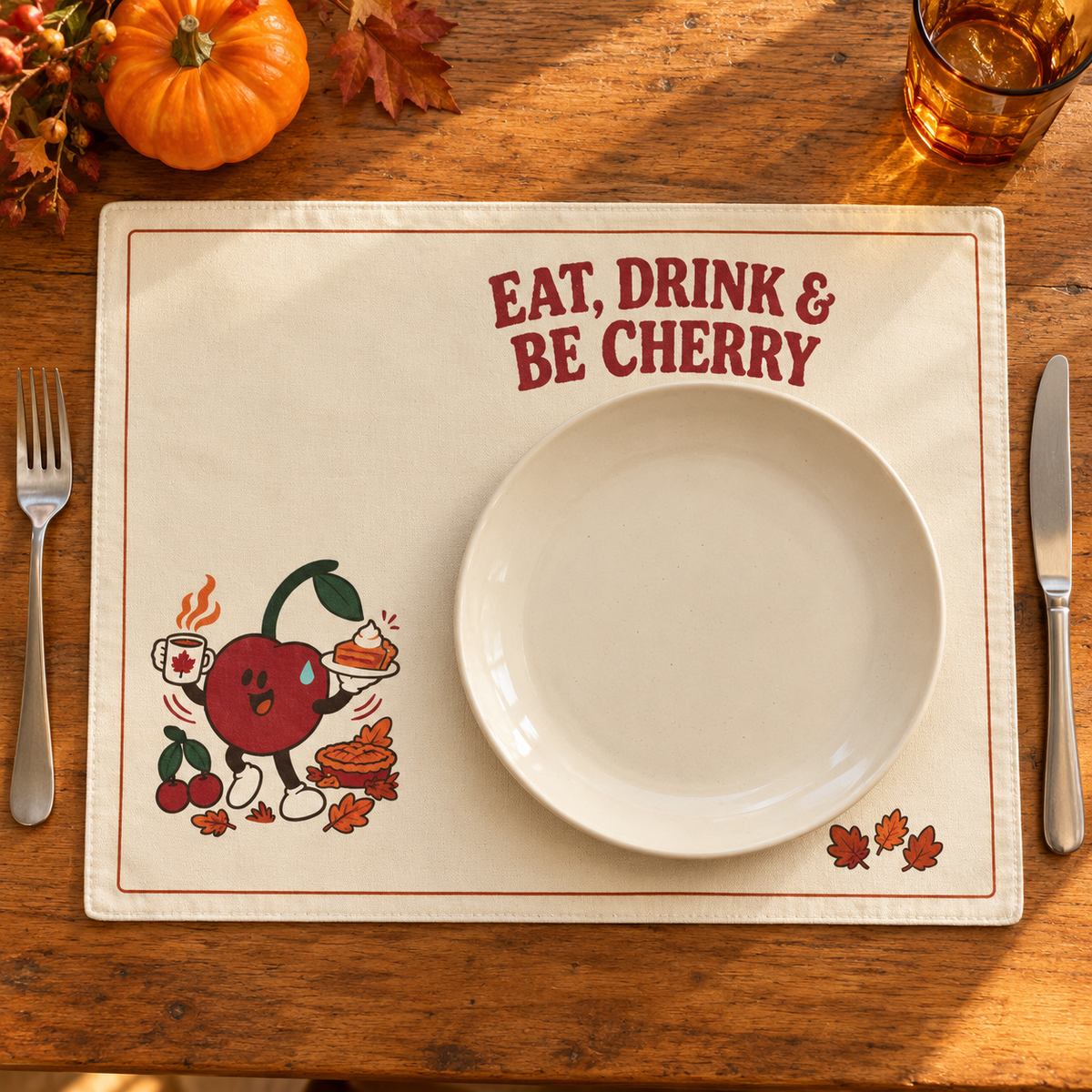Eat, Drink & Be Cherry Cotton Placemat — staged lifestyle image