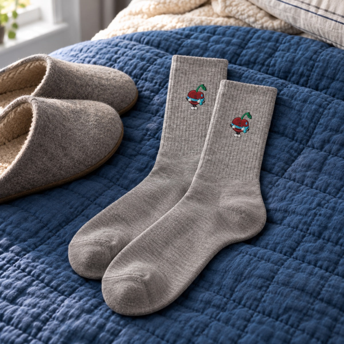 Heather Grey shivering Pit socks on a blue quilt beside plain felt slippers