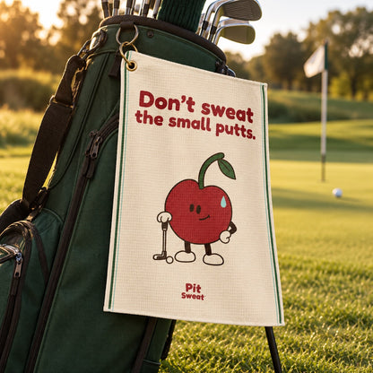 Don’t sweat the small putts golf towel clipped to a green golf bag beside the course