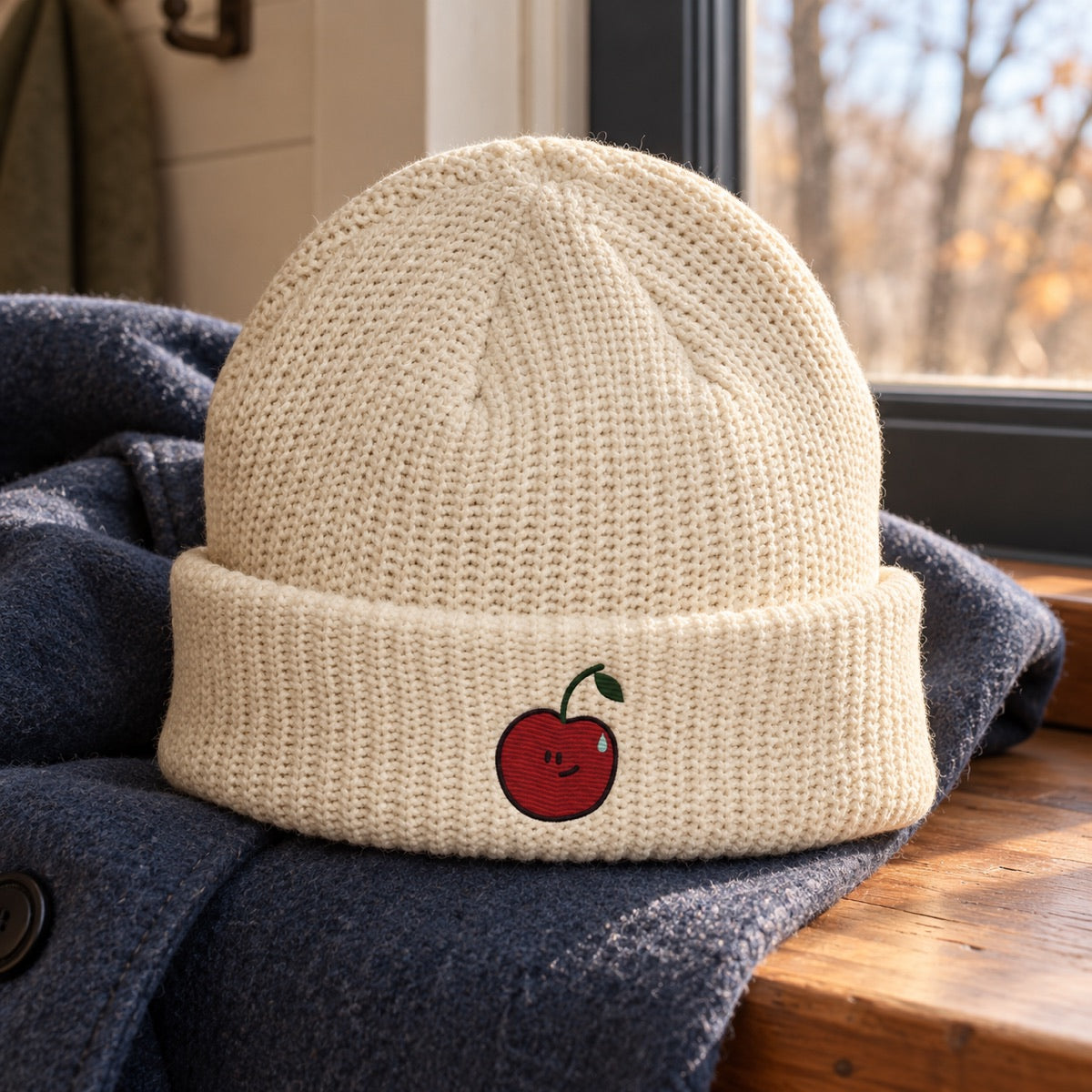 Ecru Little Pit beanie on a blue coat beside an autumn window