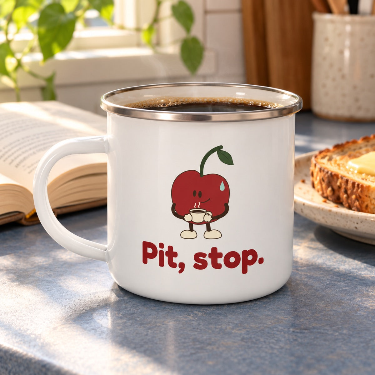 Silver-rim Pit, stop. enamel mug with coffee beside breakfast and an open book