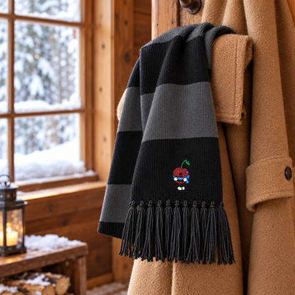 Pit’s Nippy Scarf — Black and Iron Grey striped knit on a winter coat