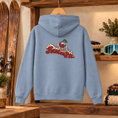 Fast as Pit Youth Hoodie — Blue Jean — back view in a warm ski cabin