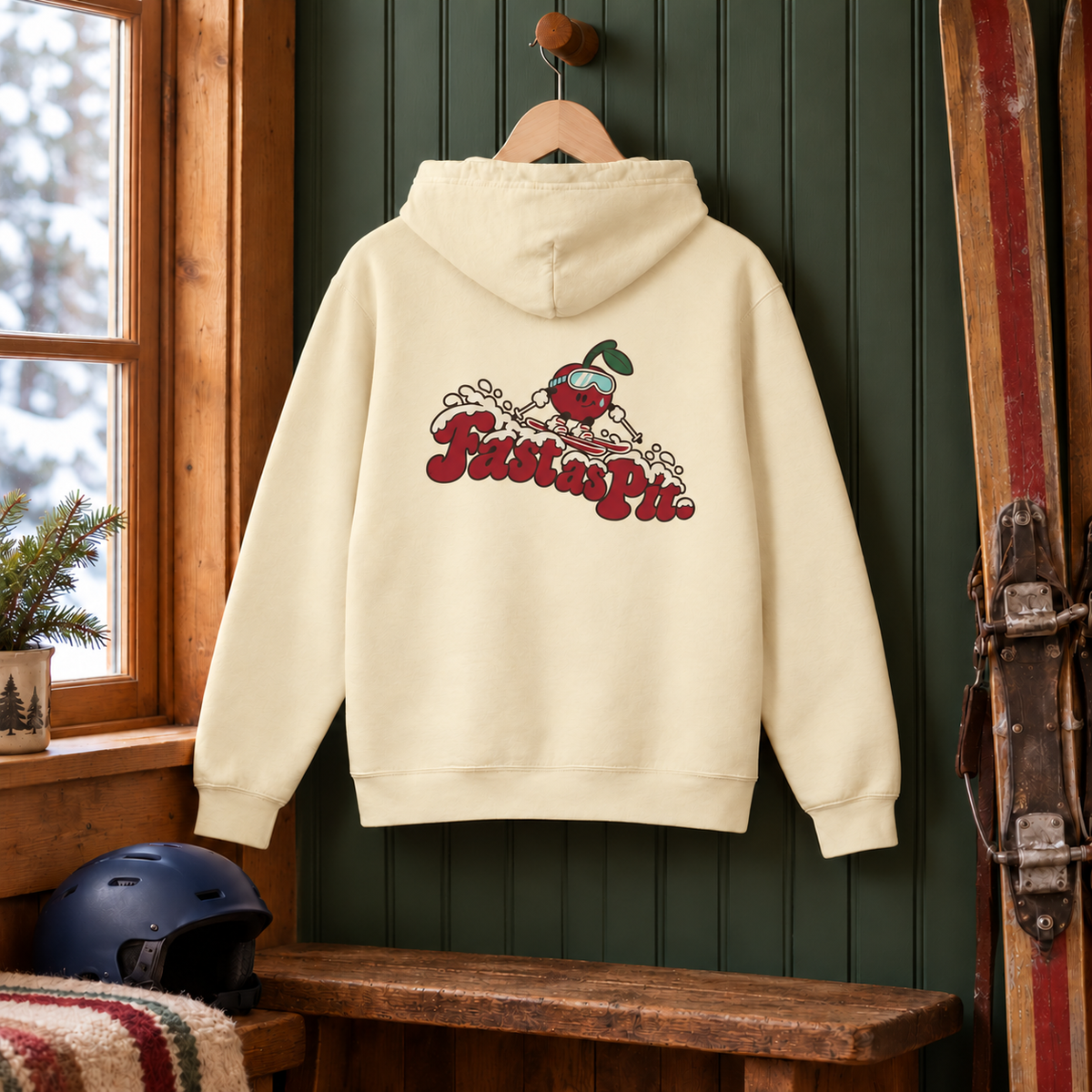 Fast as Pit Youth Hoodie — Ivory — back view in a warm ski cabin