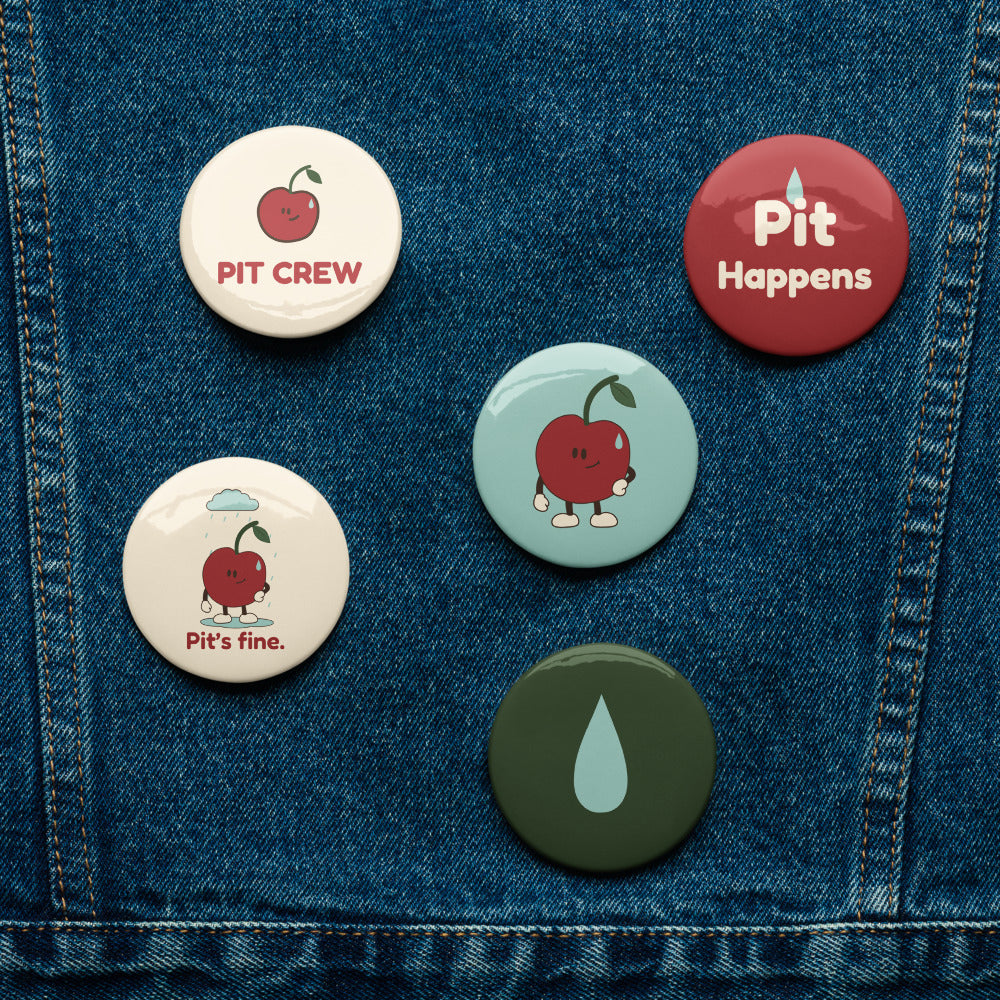 Pit Sweat five-button set — Pit Crew, Pit Happens, Pit’s fine, standing Pit and droplet — Denim lifestyle — approved Printful 2.25-inch proof 985186147