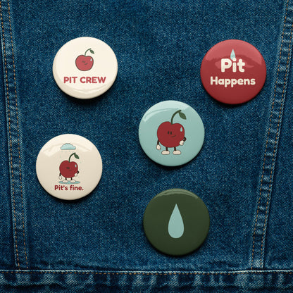 Pit Sweat five-button set — Pit Crew, Pit Happens, Pit’s fine, standing Pit and droplet — Denim lifestyle — approved Printful 2.25-inch proof 985186147