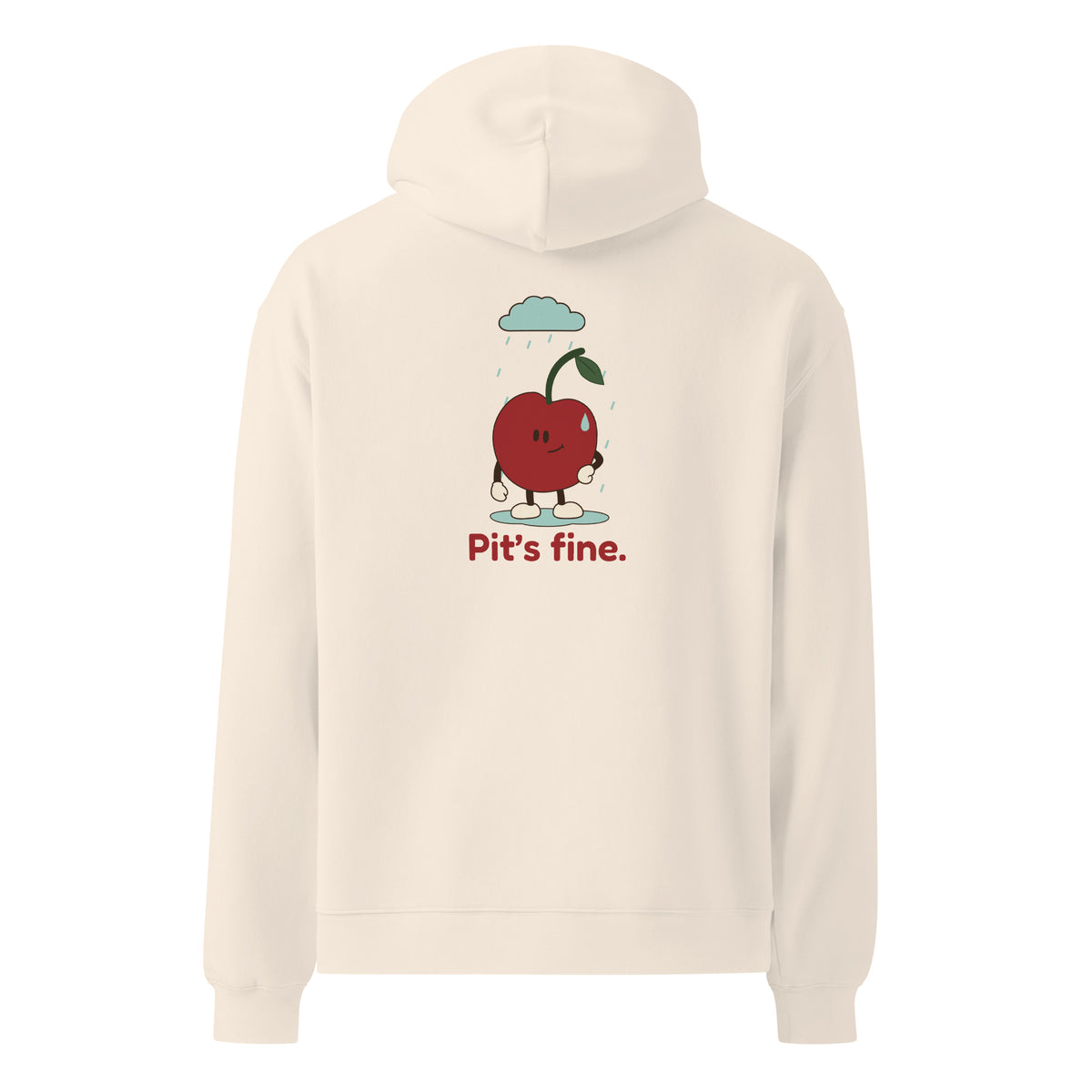 Approved Printful digital proof — AS Colour 5161 Bone hoodie, Pit’s fine scene with aqua raincloud printed on back.
