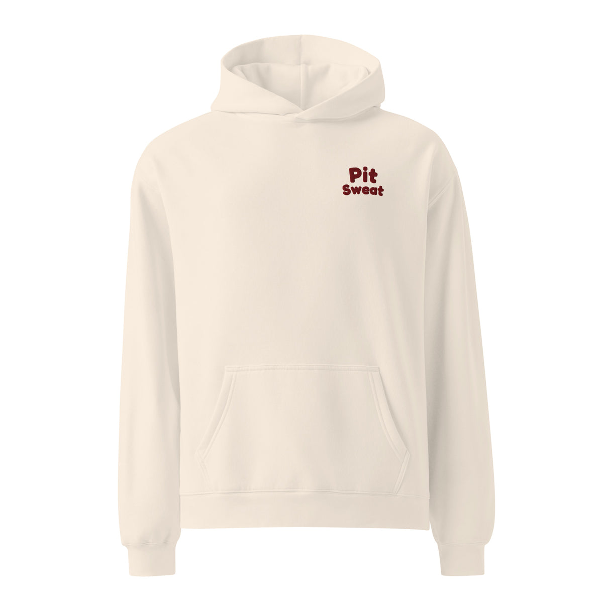 Approved Printful digital proof — AS Colour 5161 Bone hoodie, Maroon Pit Sweat wordmark embroidered on left chest.