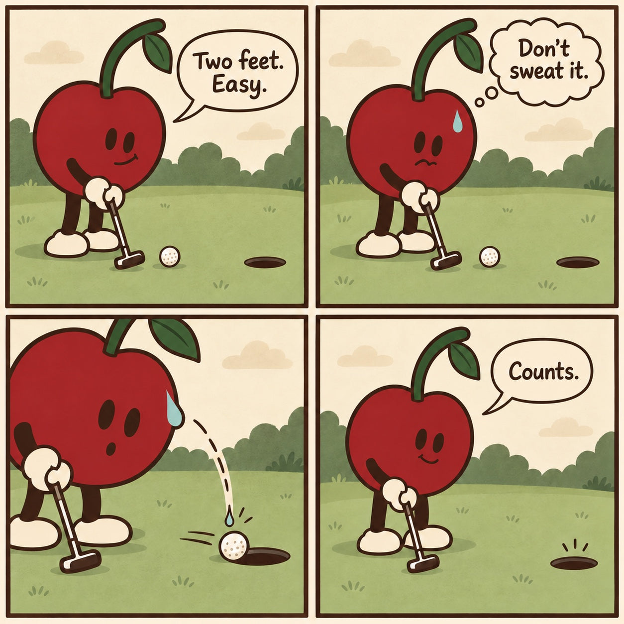 Pit lines up a short putt and says, “Two feet. Easy.”