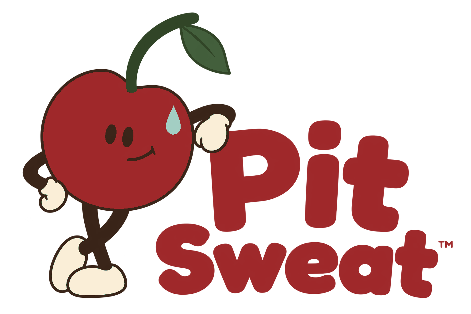 Pit leaning on the matching oxblood rounded Pit Sweat logo