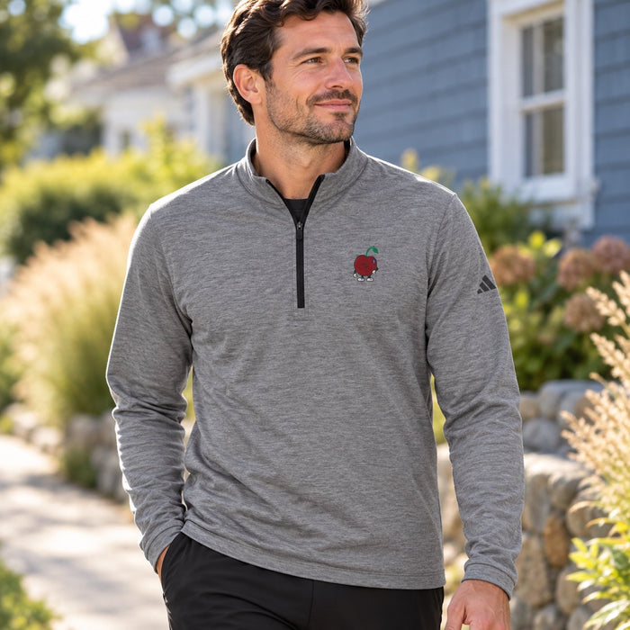 Black Heather adidas quarter-zip with little Pit, worn on a neighborhood walk