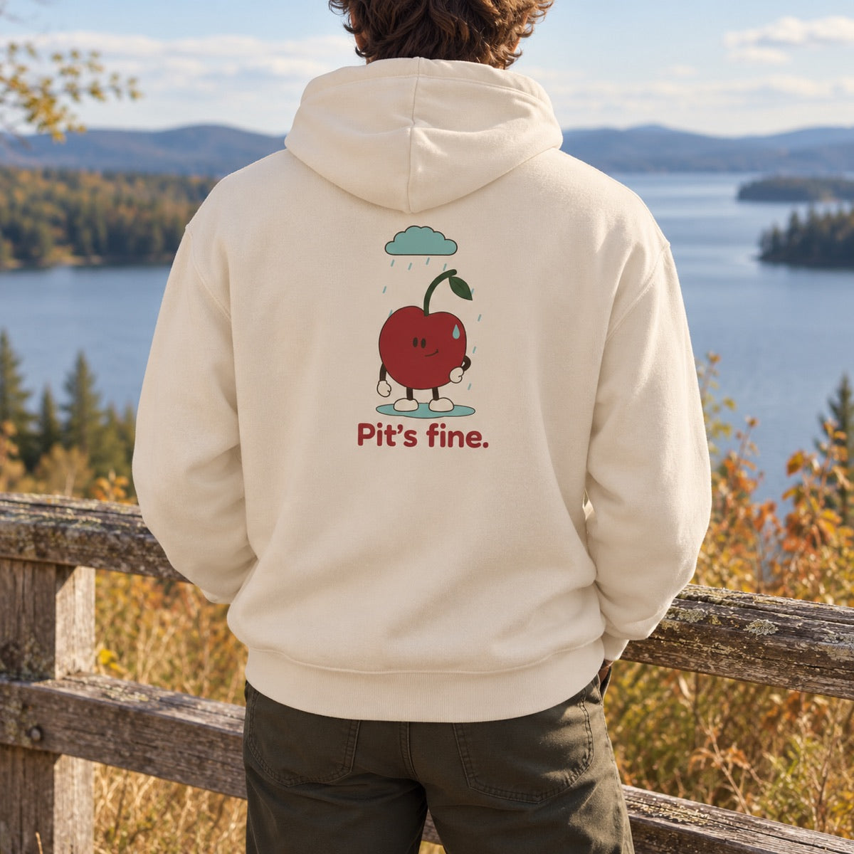Bone Pit’s Fine hoodie worn at a lakeshore overlook, with the aqua raincloud illustration on the back