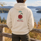 Bone Pit’s Fine hoodie worn at a lakeshore overlook, with the aqua raincloud illustration on the back