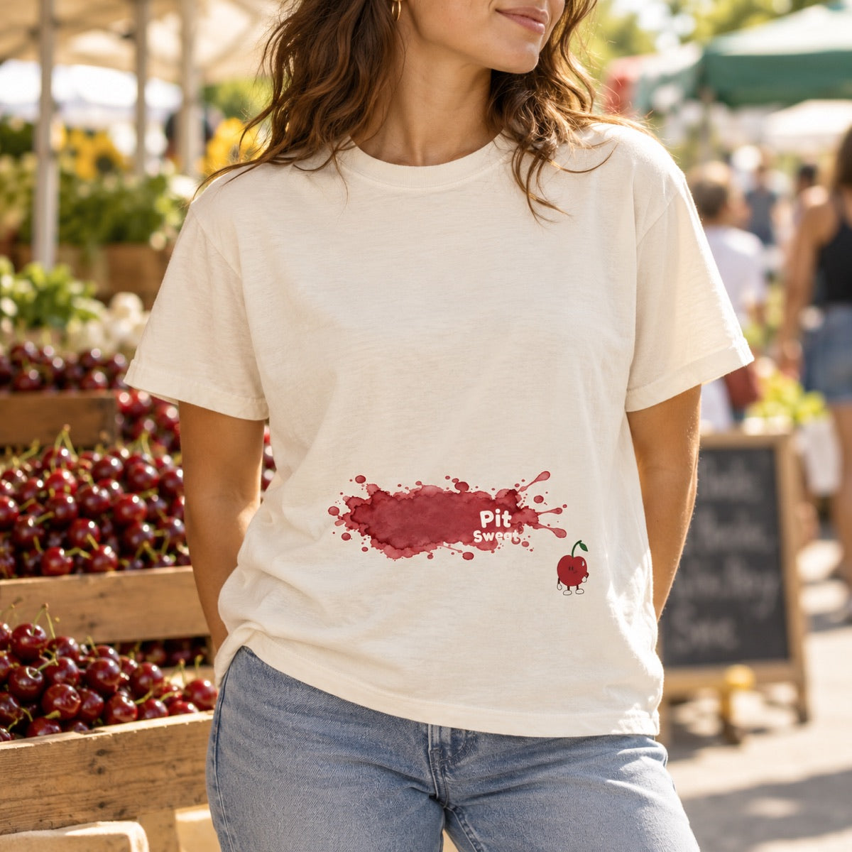 Vintage White cherry-spill tee worn with faded jeans at a cherry market stall