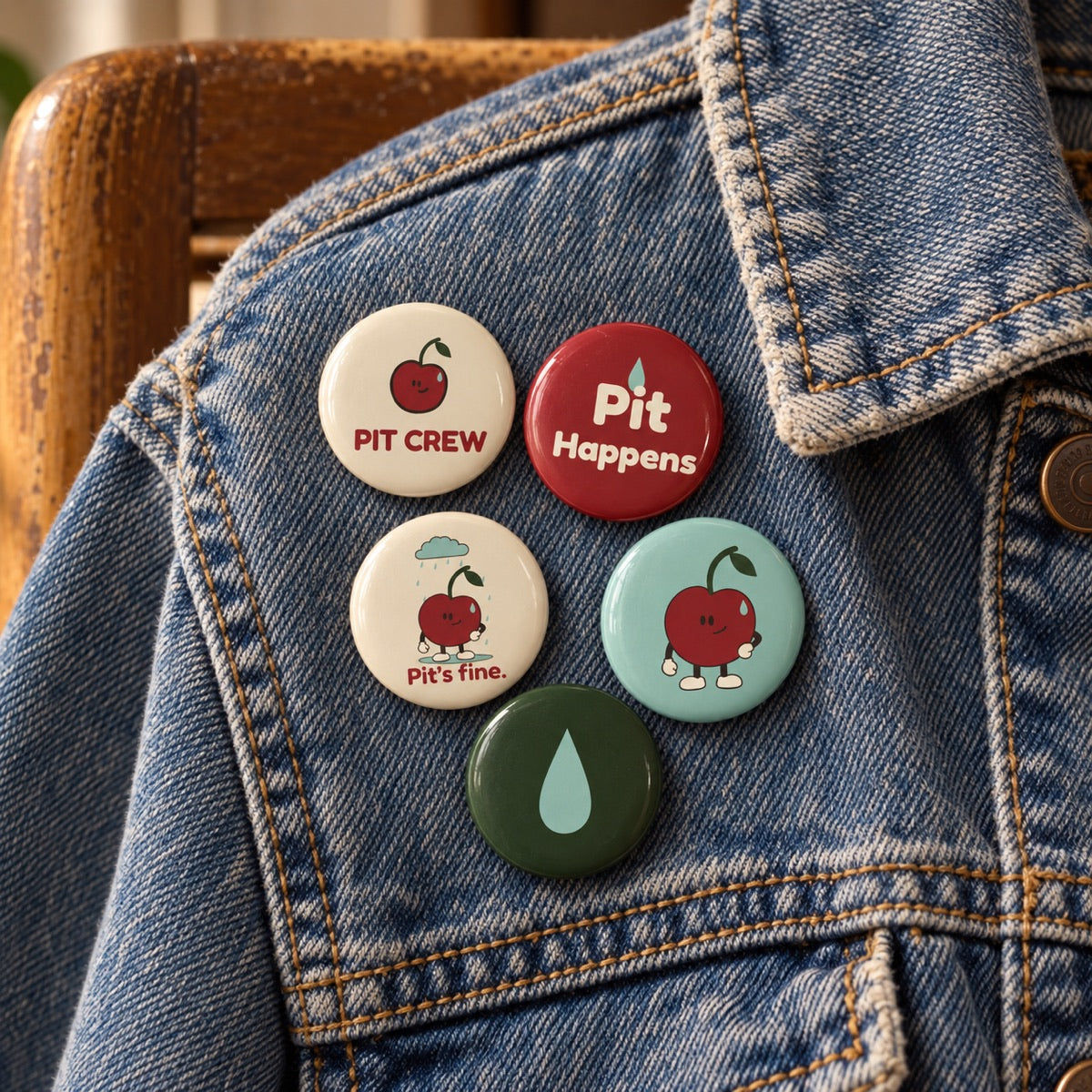 Five colored Pit buttons pinned to textured blue denim