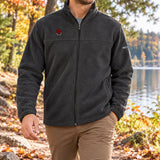 Charcoal Columbia fleece with little Pit embroidery on a wooded lakeside walk