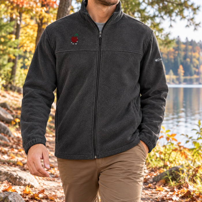 Charcoal Columbia fleece with little Pit embroidery on a wooded lakeside walk