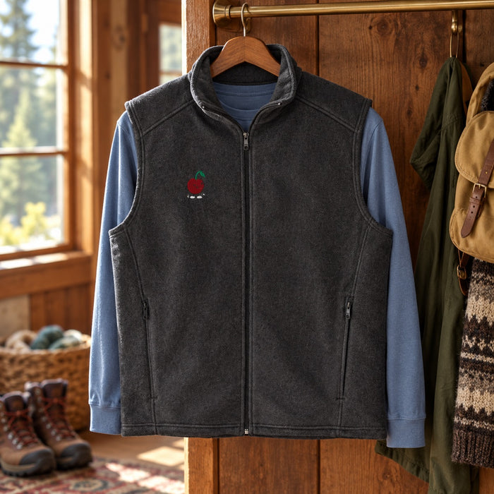 Charcoal Little Pit fleece vest layered over a blue shirt on a cabin coat rail
