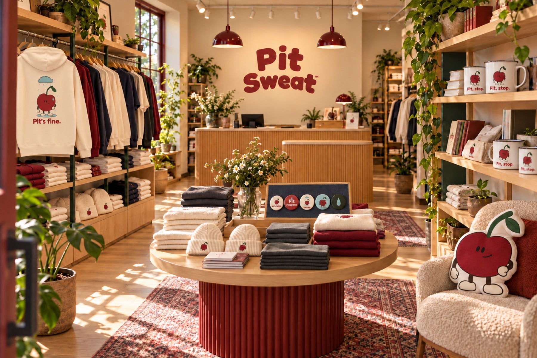 An imagined Pit Sweat shop with oak shelves, burgundy lamps, the rounded oxblood logo, Bone hoodies, cherry pillows and silver-rim enamel mugs
